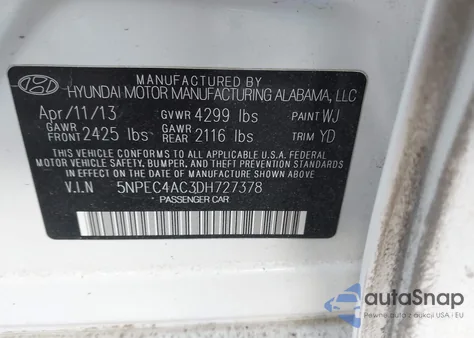 2013 Hyundai Sonata Limited z USA, uszkodzony, nr VIN 5NPEC4AC3DH727378